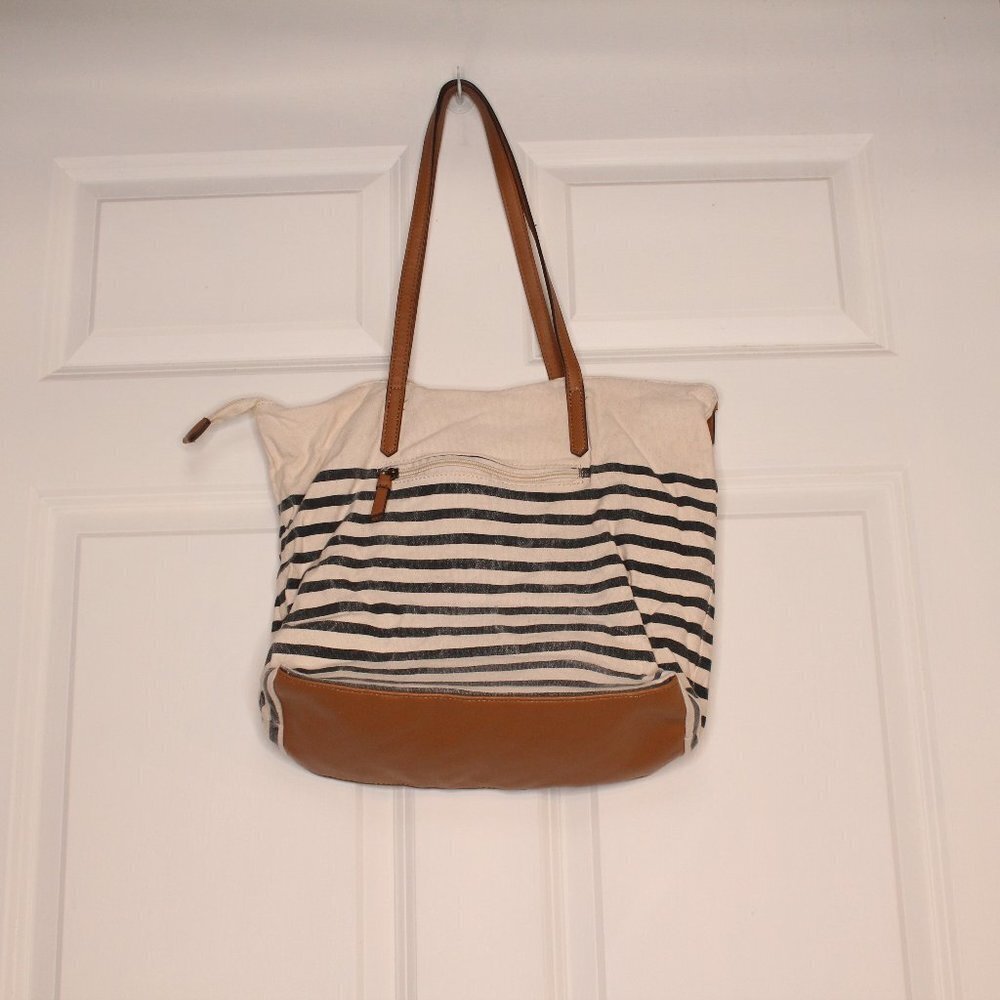 Collection XIIX Striped Cotton Canvas Tote Bag Cream Navy Tan Zipper Top